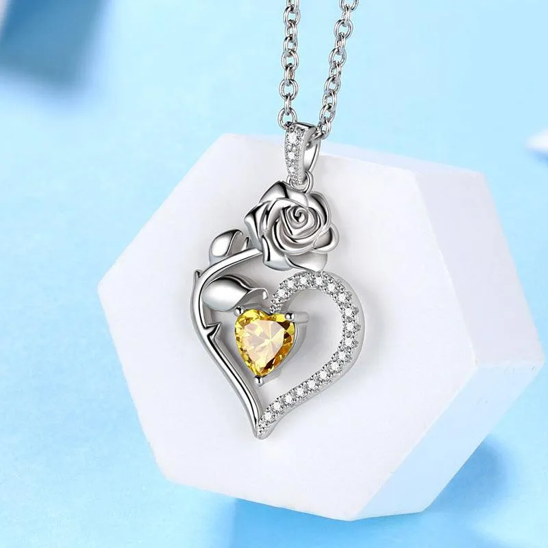 November Citrine Necklace Women Heart Birthstone Pendant Flower Rose Jewelry Birthday Gifts