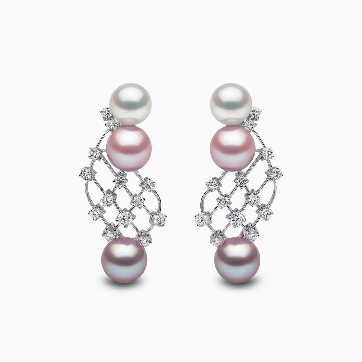 Ombré 18K Gold Pink and White Pearl Diamond Mesh Earrings