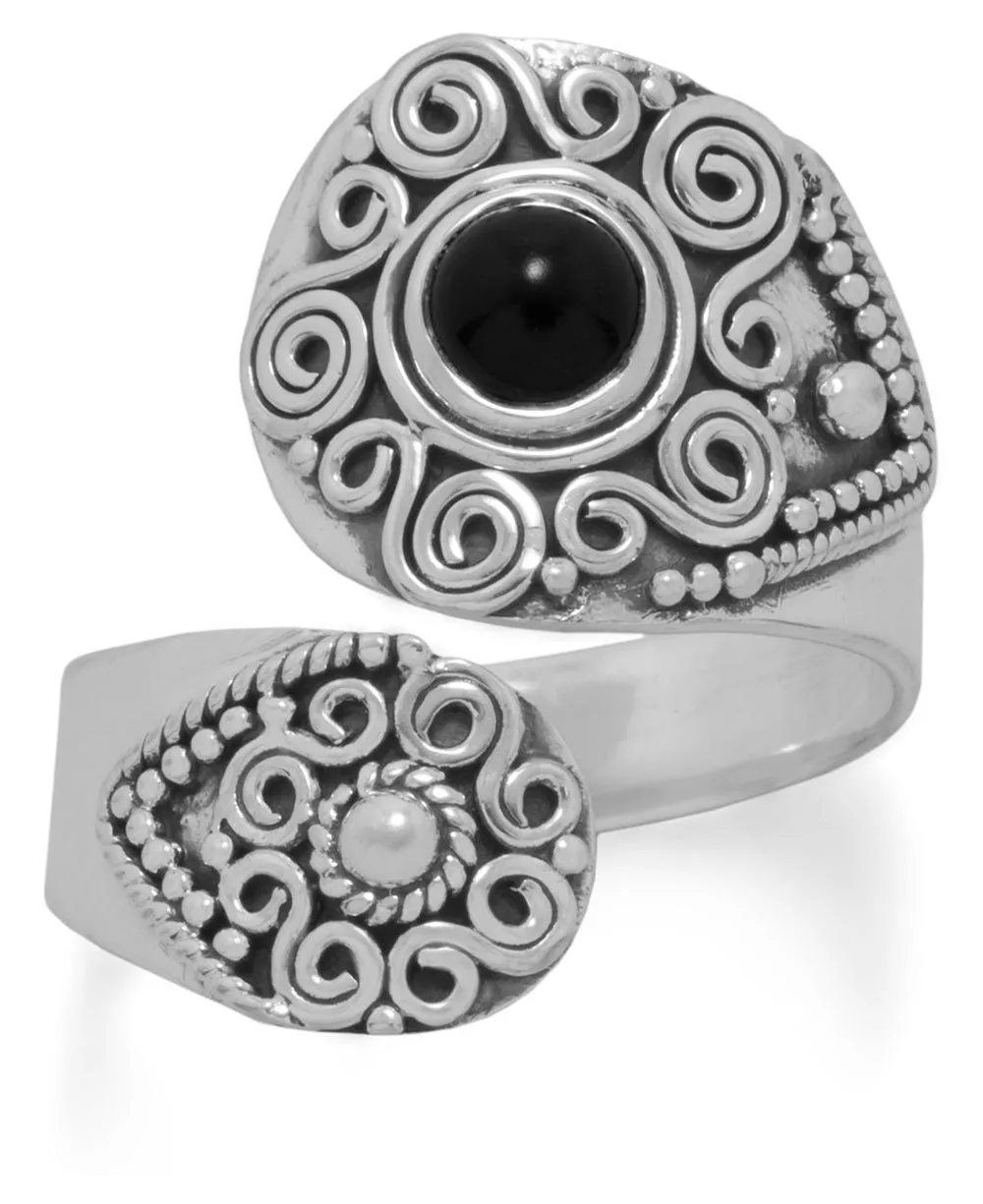 Ornate Sterling and Onyx Wrap Ring