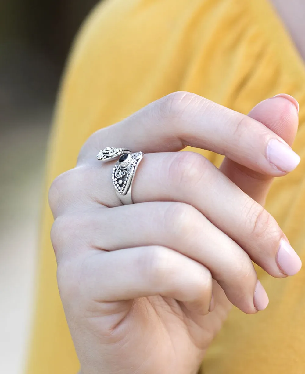 Ornate Sterling and Onyx Wrap Ring