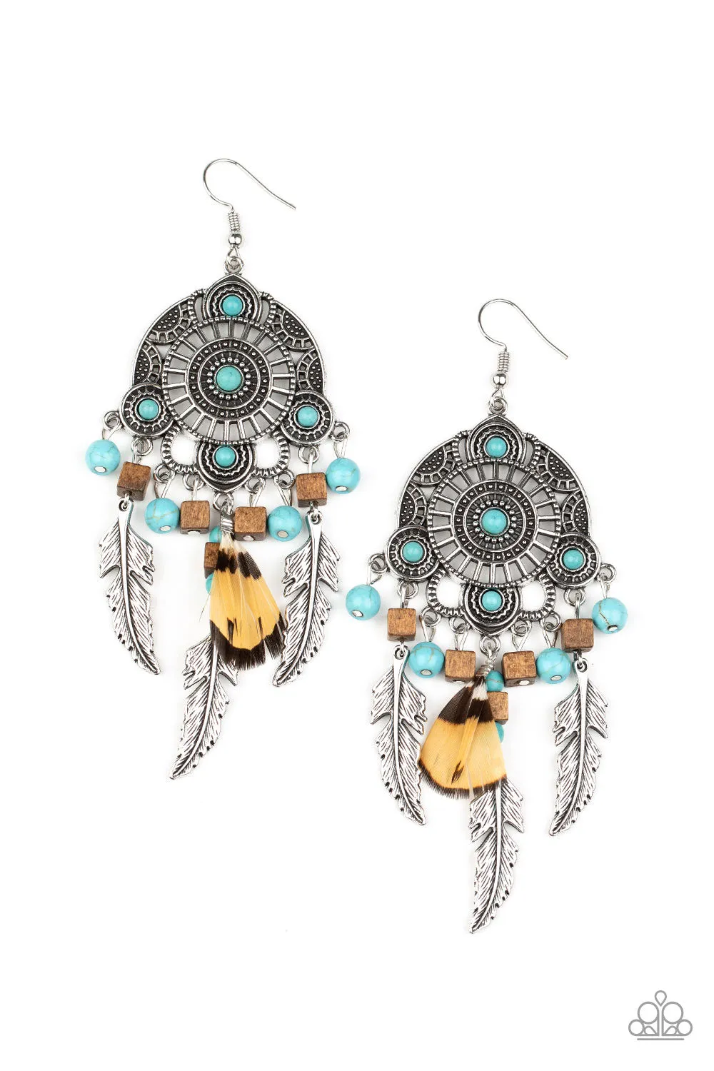 Paparazzi Desert Plains - Blue Feather Earrings October 2020 Life of the Party exclusive