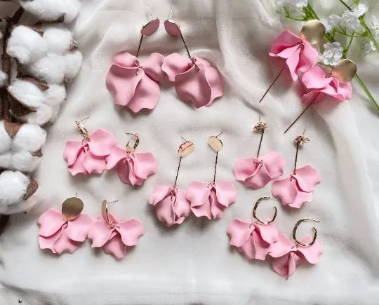 Pink - Baby pink flower earrings | dangle petals baroque earrings | unique golden bar geometric floral earrings | bridal party wedding earrings