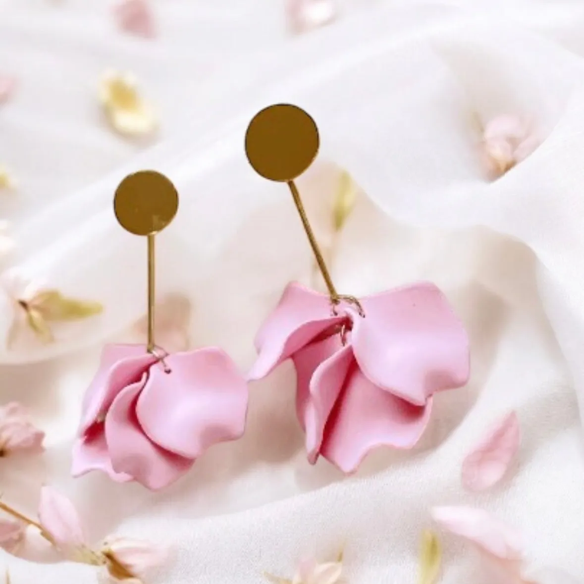 Pink - Baby pink flower earrings | dangle petals baroque earrings | unique golden bar geometric floral earrings | bridal party wedding earrings