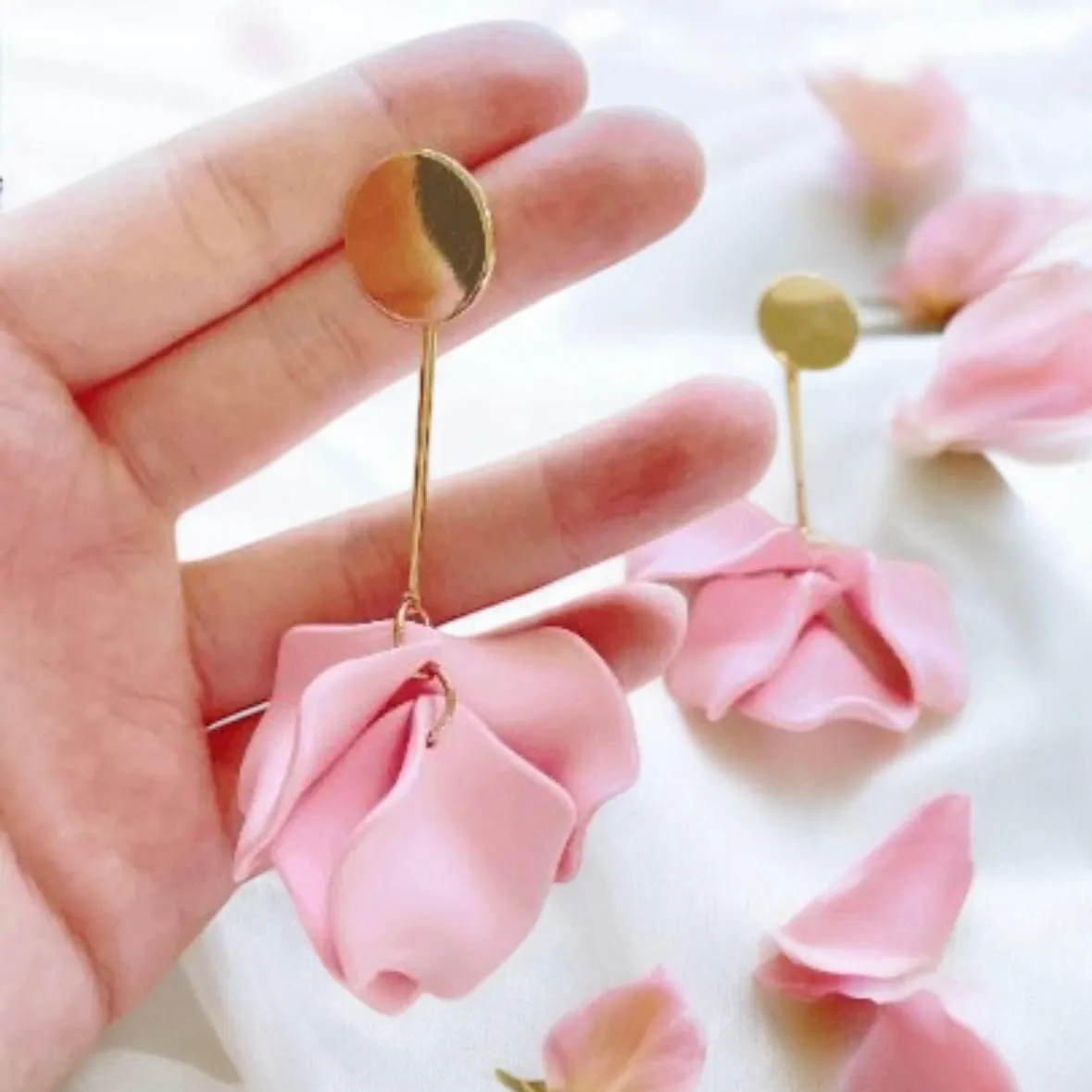 Pink - Baby pink flower earrings | dangle petals baroque earrings | unique golden bar geometric floral earrings | bridal party wedding earrings