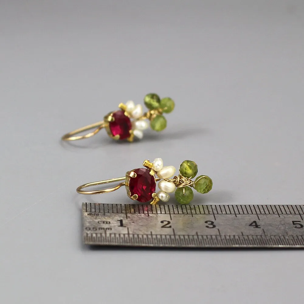 Pink Zircon Corundum Pearl Peridot Clover Earrings