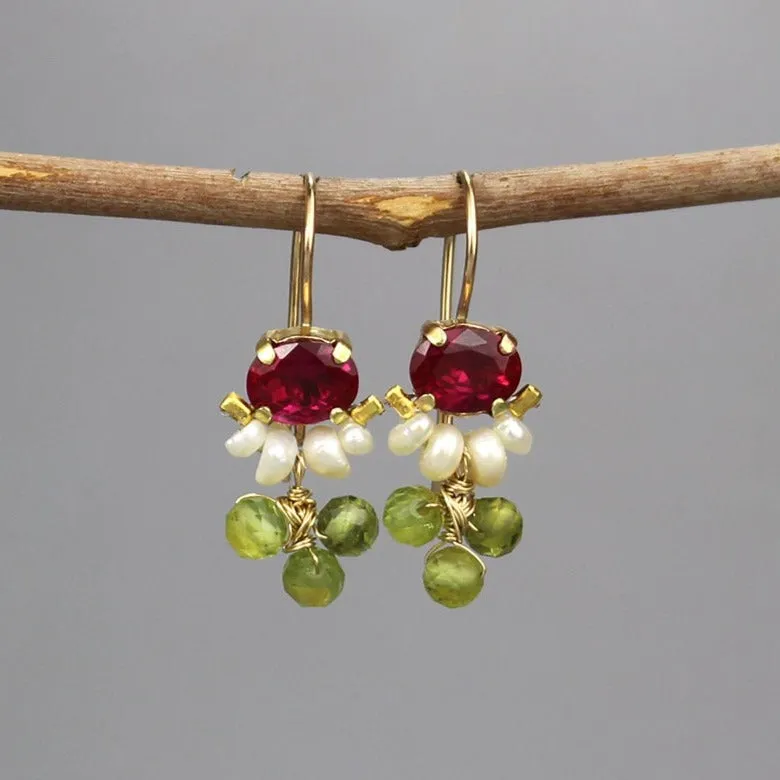 Pink Zircon Corundum Pearl Peridot Clover Earrings