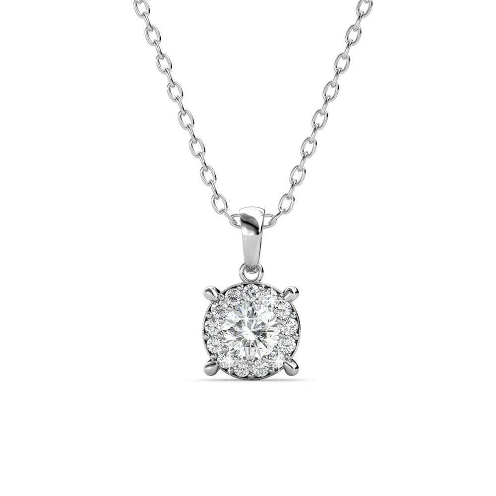 Raylee Brilliant 18k White Gold Plated Halo Pendant Necklace with Swarovski Crystals