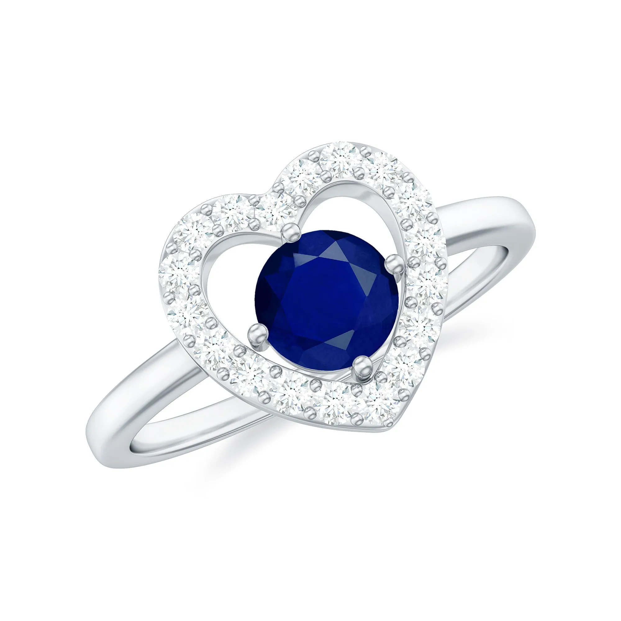 Real Blue Sapphire and Diamond Heart Engagement Ring