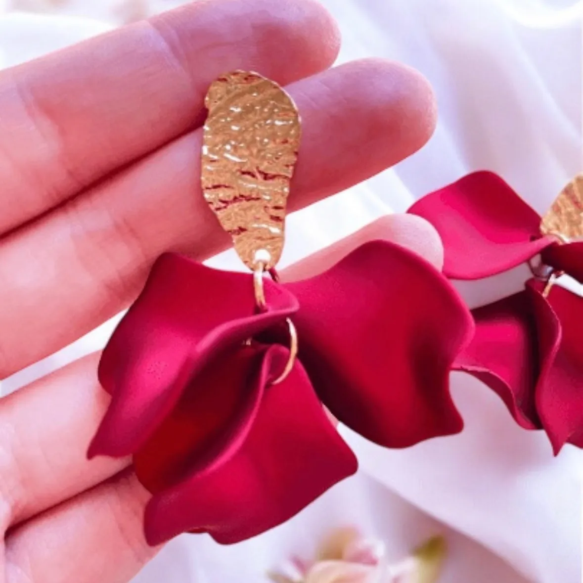 Red - flowers earrings| bridal party wedding earrings | unique iridescent earrings | golden crumpled floral earrings