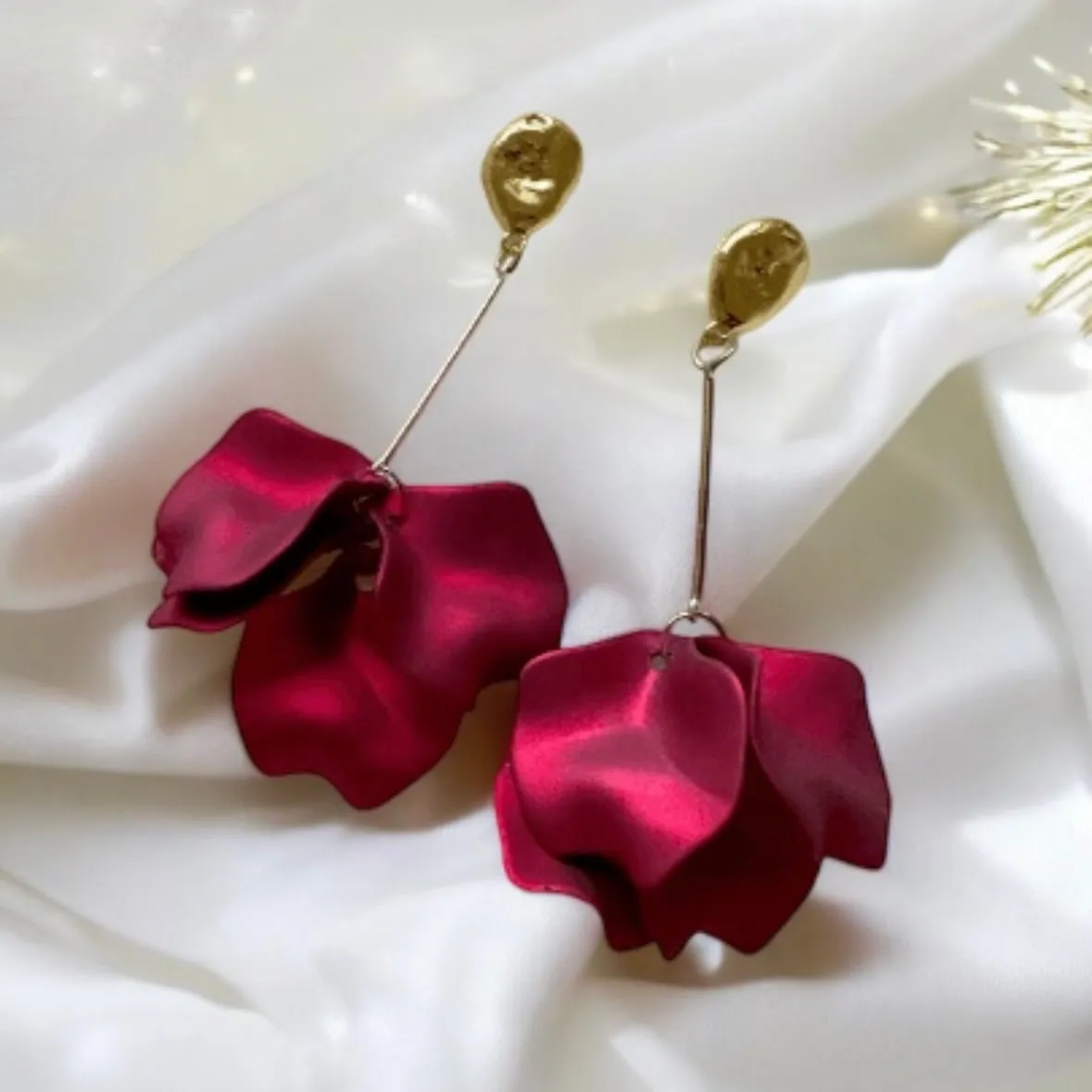 Red - Hot christmas red flower earrings | matte petals dangle earrings | unique golden disc floral earrings | bridal party wedding earrings