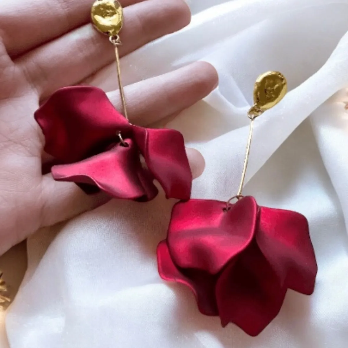 Red - Hot christmas red flower earrings | matte petals dangle earrings | unique golden disc floral earrings | bridal party wedding earrings