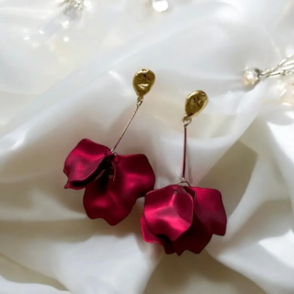 Red - Hot christmas red flower earrings | matte petals dangle earrings | unique golden disc floral earrings | bridal party wedding earrings