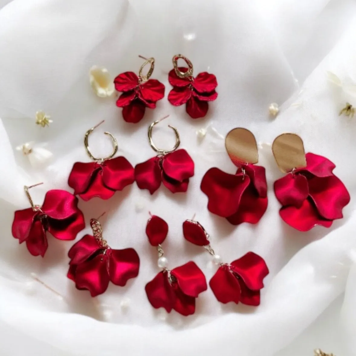 Red - Hot christmas red flower earrings | matte petals dangle earrings | unique golden disc floral earrings | bridal party wedding earrings