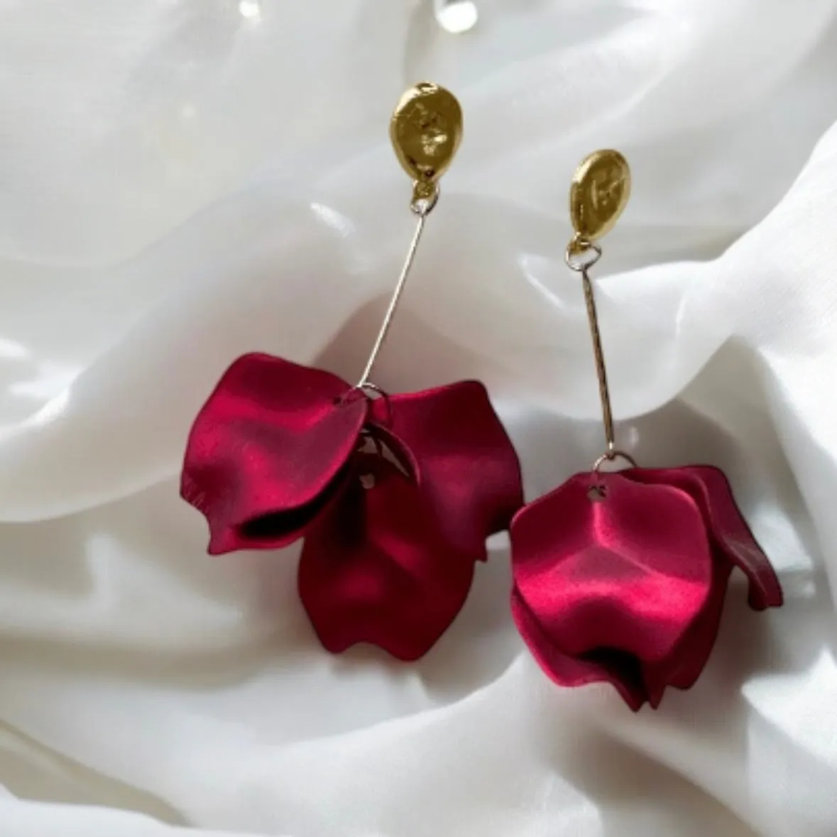 Red - Hot christmas red flower earrings | matte petals dangle earrings | unique golden disc floral earrings | bridal party wedding earrings