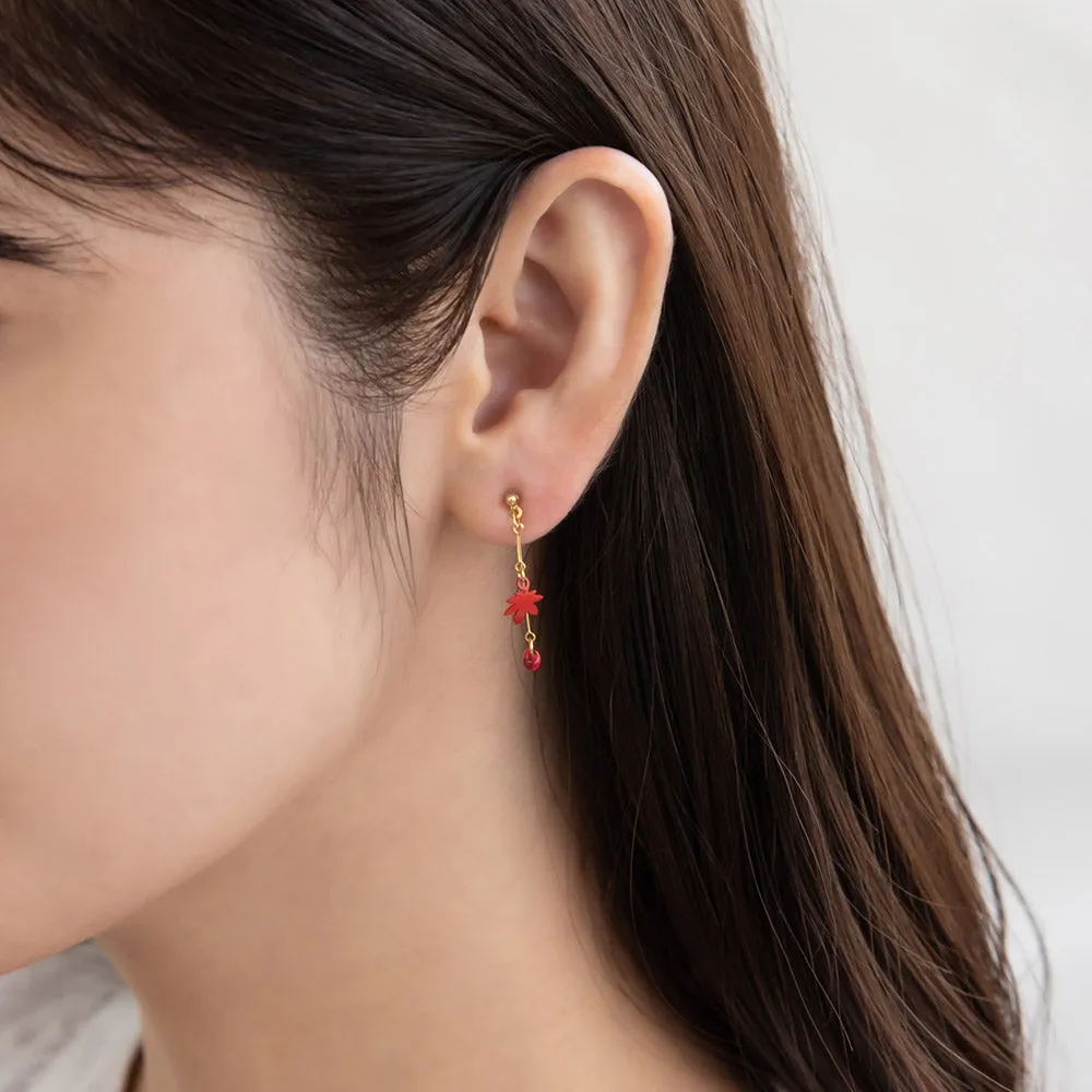 Red Momiji and Stone Drop Earrings