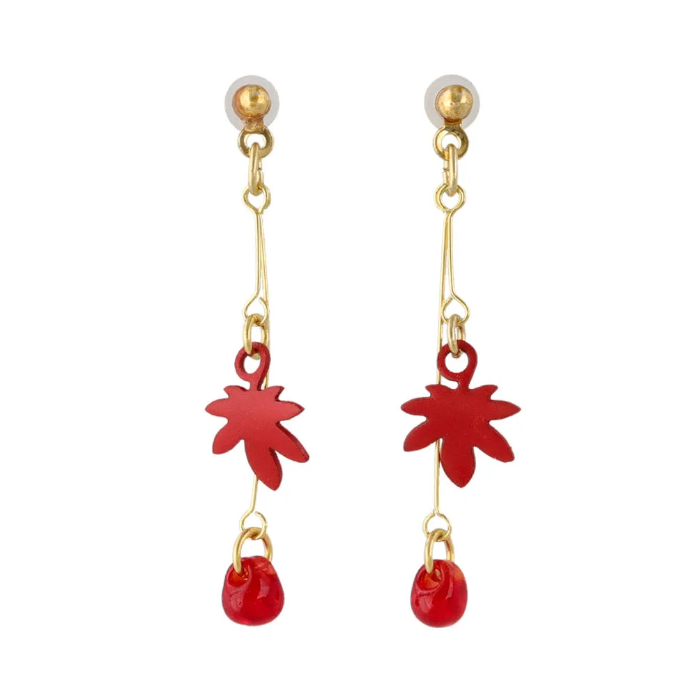 Red Momiji and Stone Drop Earrings