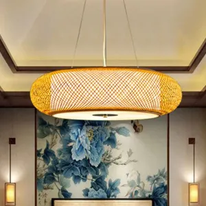 Retro Bamboo Donut Ceiling Lamp - 12"/16"/19.5" Wide - Wood Hanging Light Fixture with 3 Bulbs