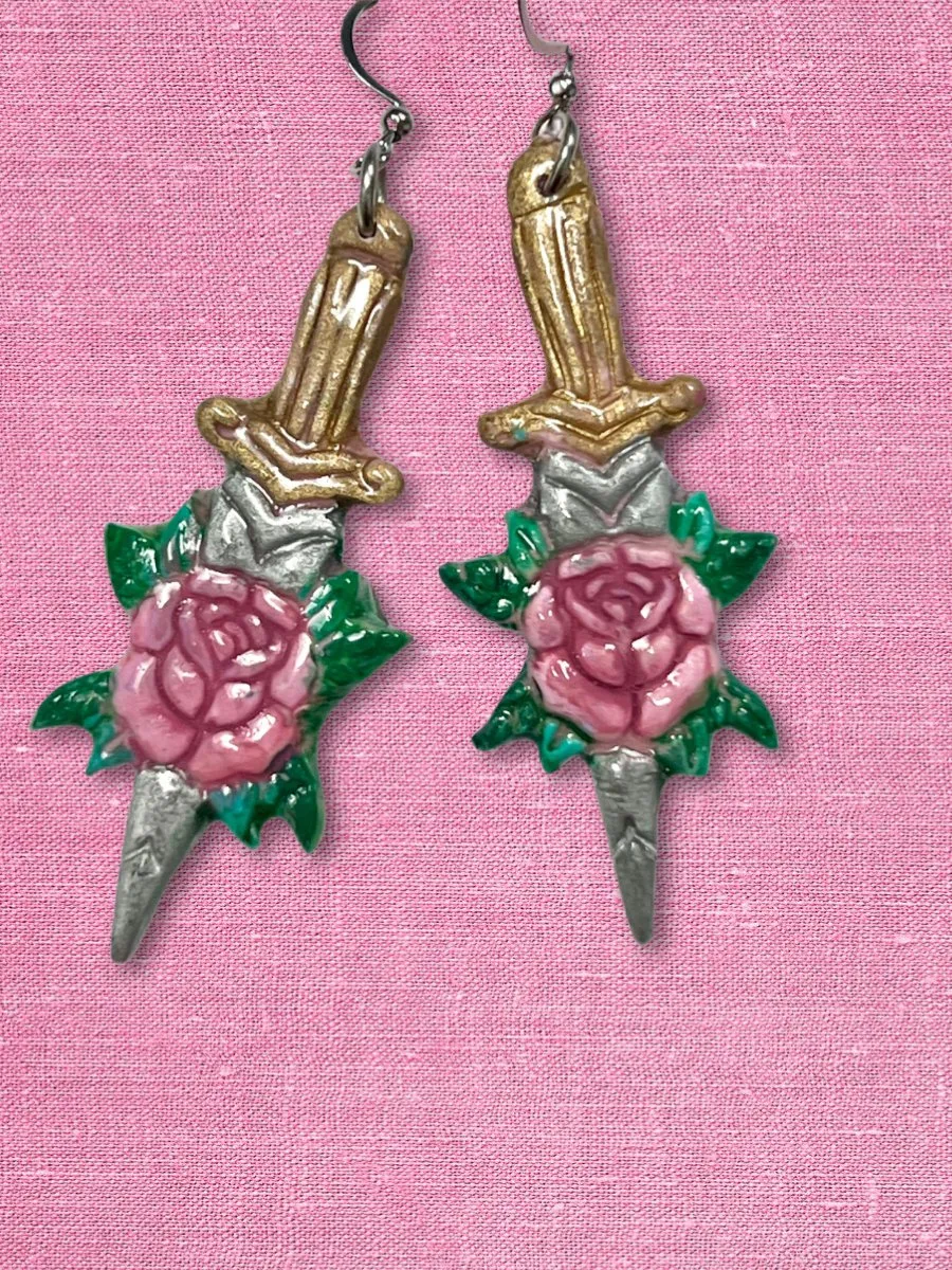 Rose Dagger Traditional Tattoo Inspired Polymer Clay Earrings