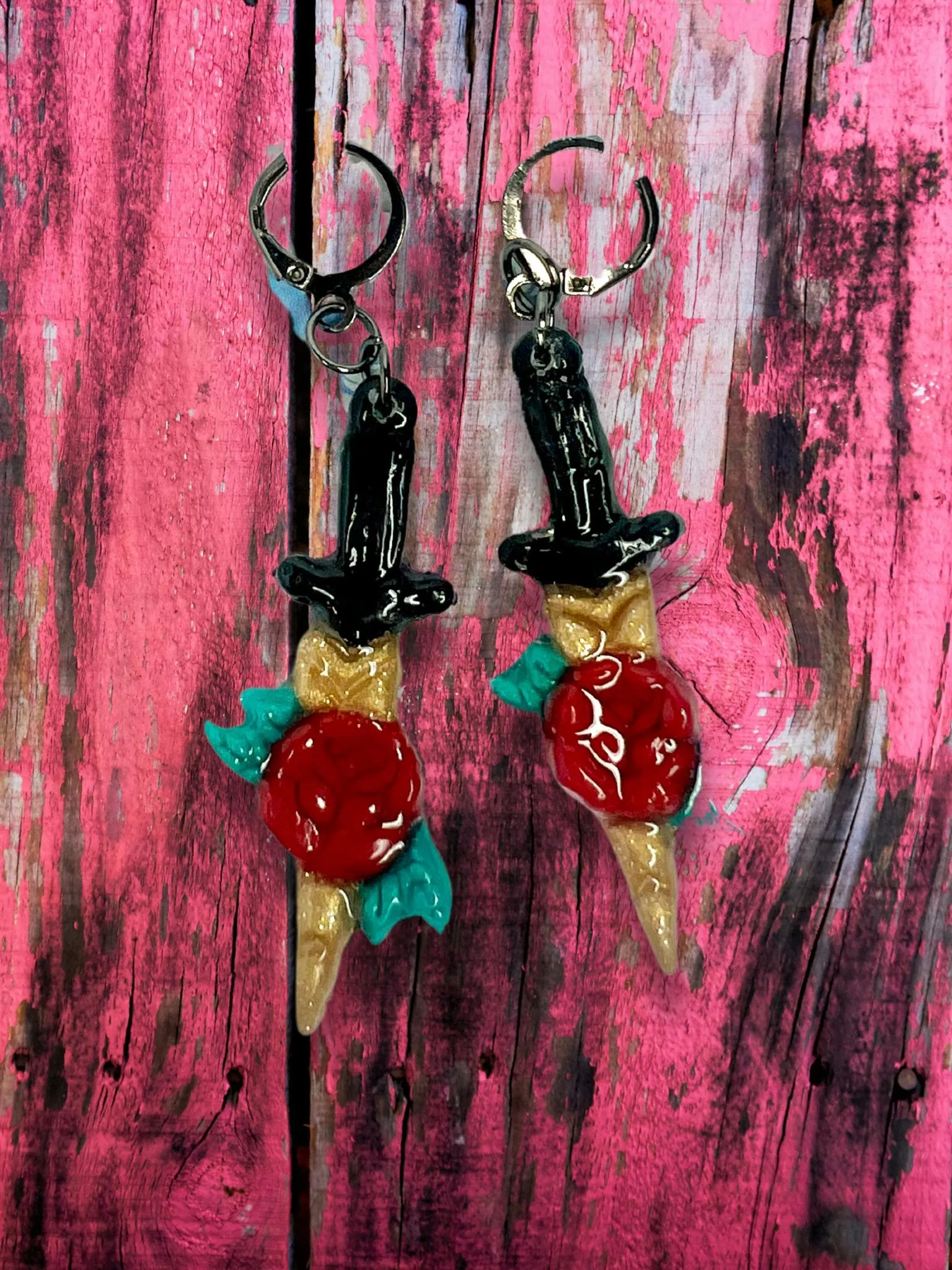 Rose Dagger Traditional Tattoo Inspired Polymer Clay Earrings