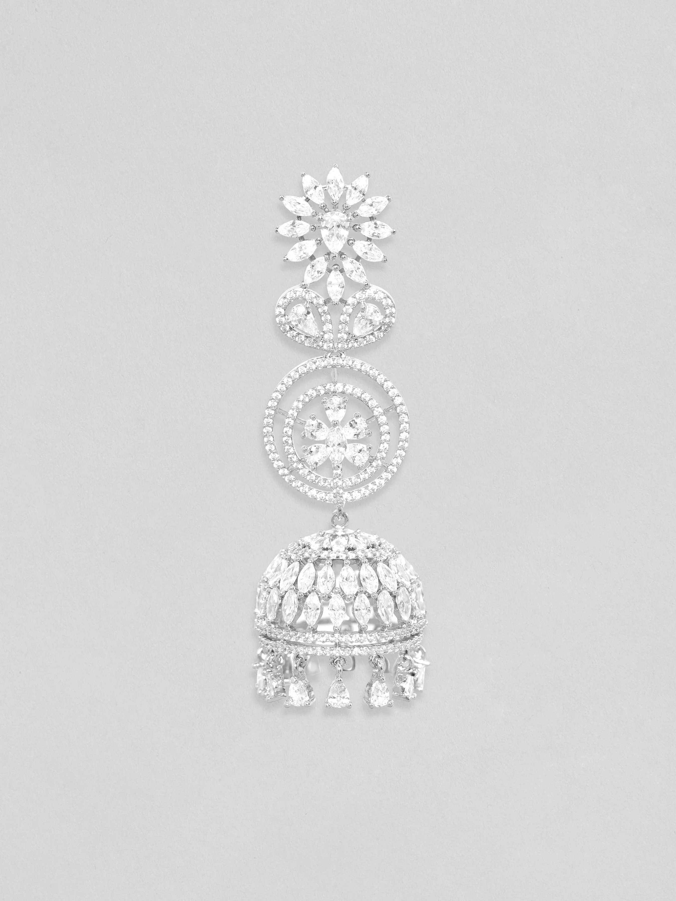 Rubans Rhodium Plated Zirconia Studded Jhumka Earrings