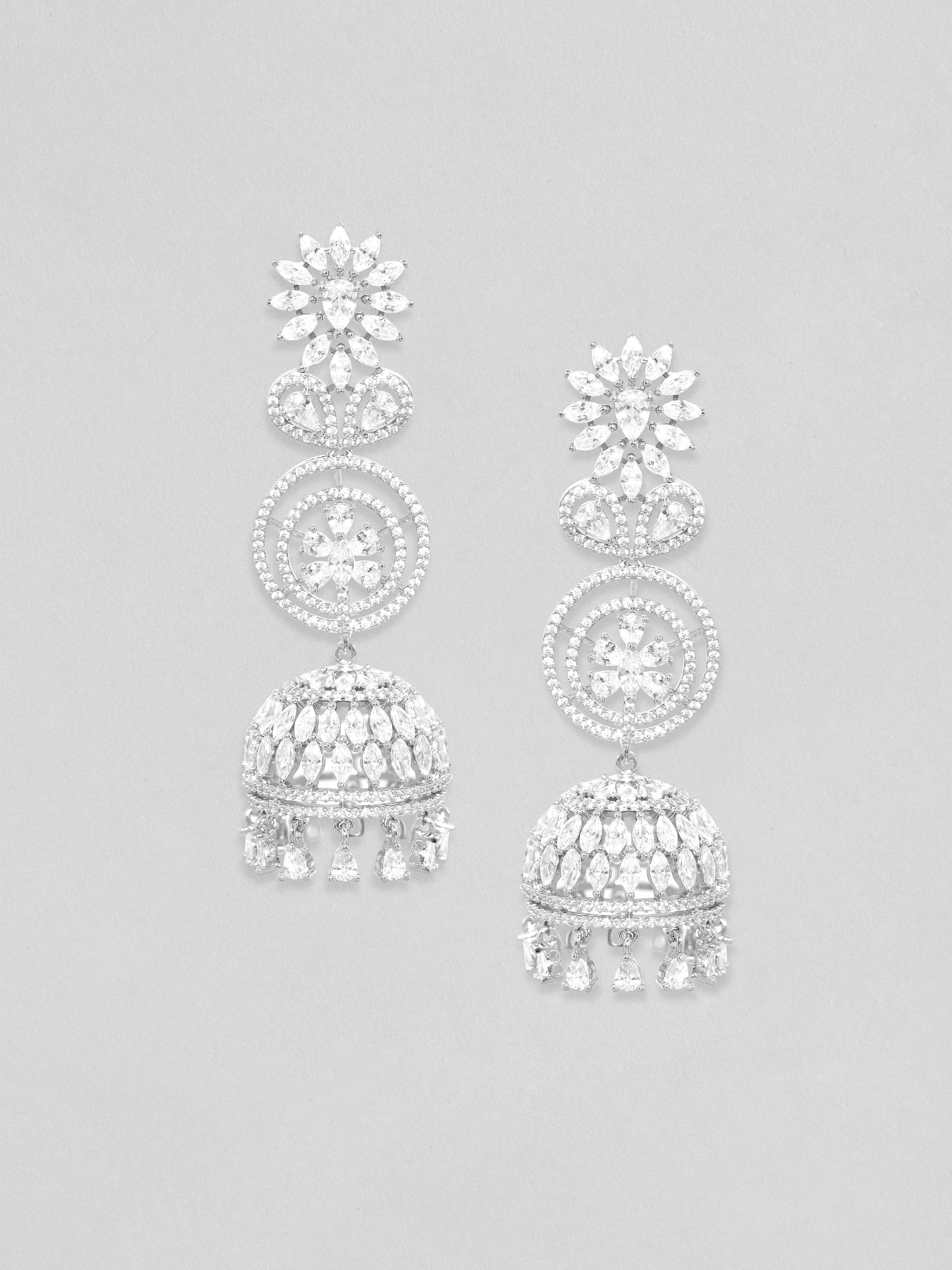 Rubans Rhodium Plated Zirconia Studded Jhumka Earrings