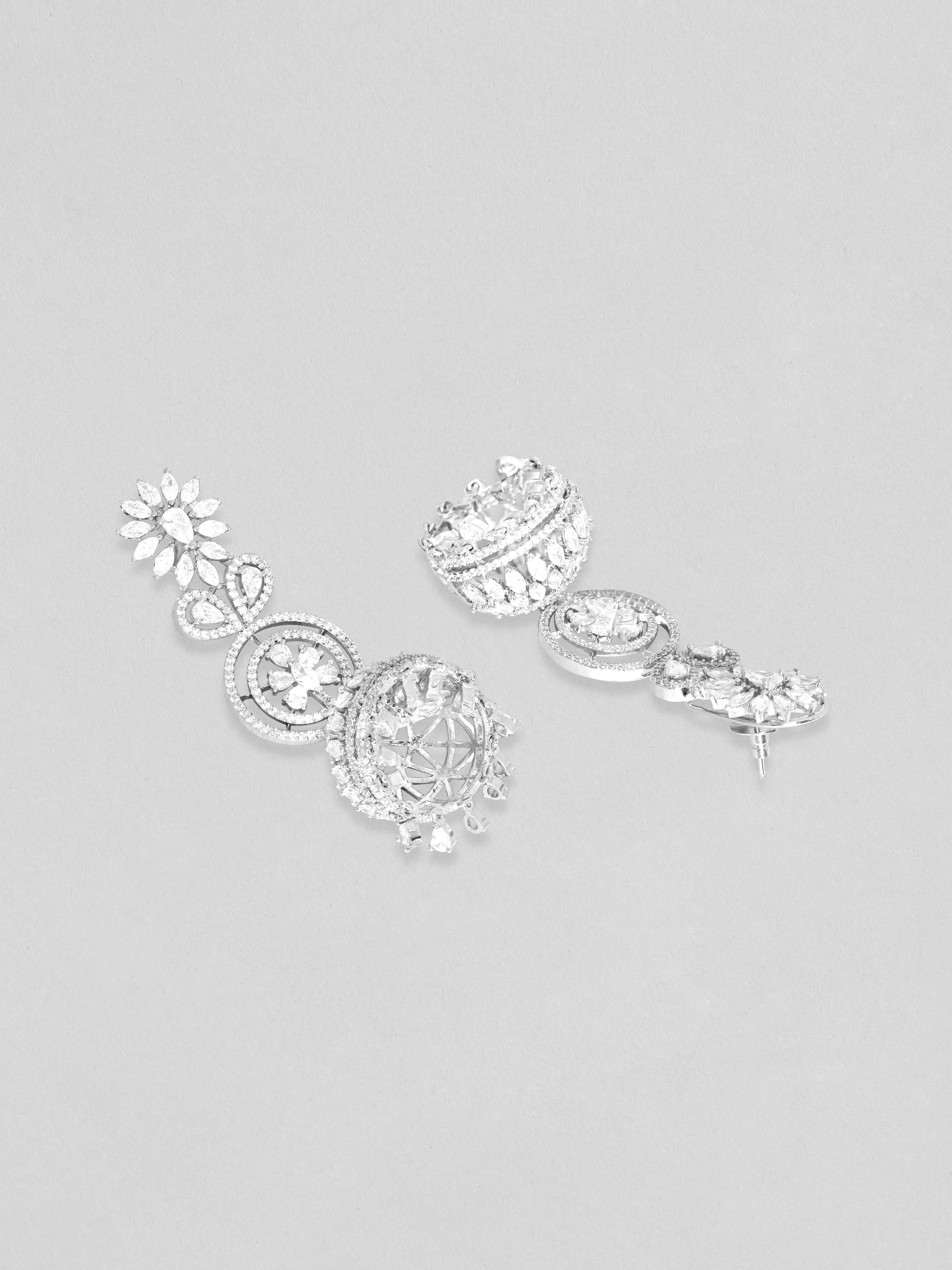 Rubans Rhodium Plated Zirconia Studded Jhumka Earrings