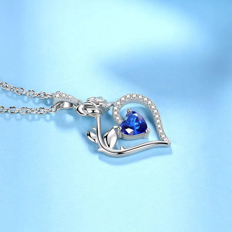 September Sapphire Necklace Women Heart Birthstone Pendant Flower Rose Jewelry Birthday Gifts