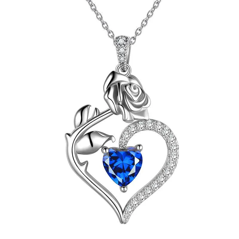 September Sapphire Necklace Women Heart Birthstone Pendant Flower Rose Jewelry Birthday Gifts