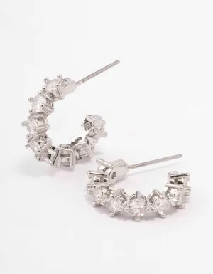 Silver Cubic Zirconia Simple Diamante C-Shaped Hoop Earrings