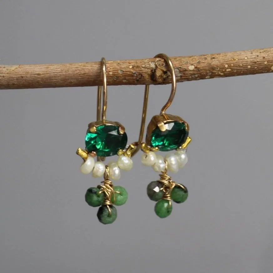 Small Green Glass Pearl Clover Earrings