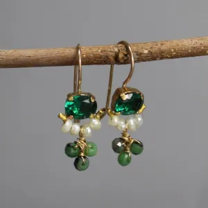 Small Green Glass Pearl Clover Earrings