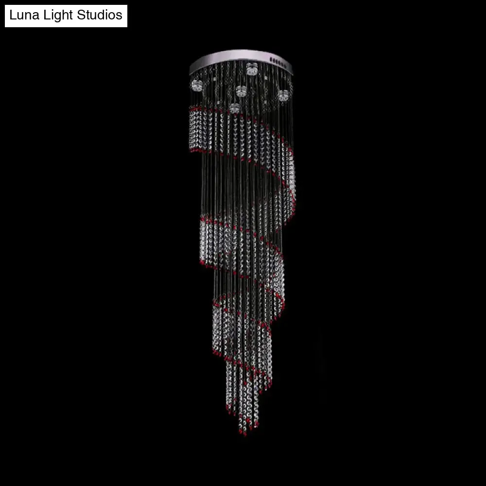 Spiral Cascade Hanging Lamp - Modern Silver with Clear and Red Crystal LED Pendant, Set of 5 Bulbs