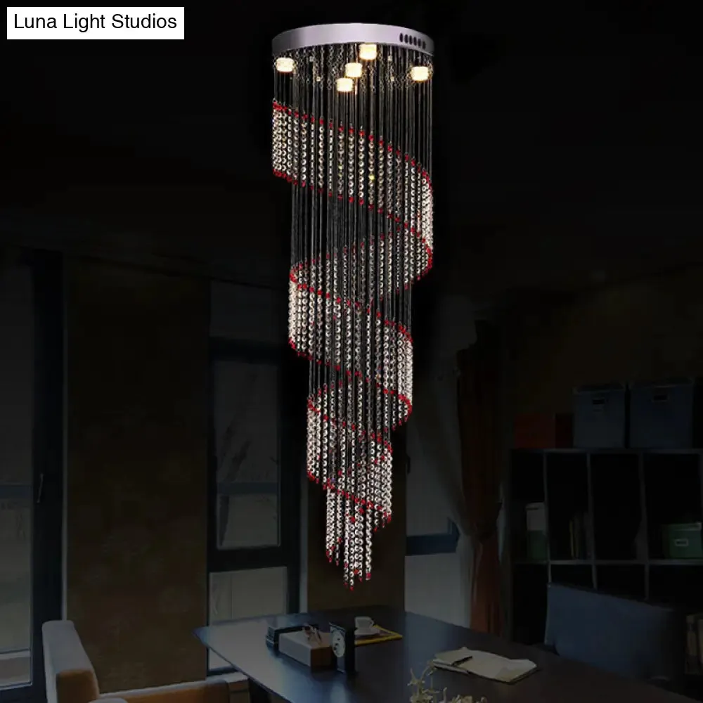 Spiral Cascade Hanging Lamp - Modern Silver with Clear and Red Crystal LED Pendant, Set of 5 Bulbs