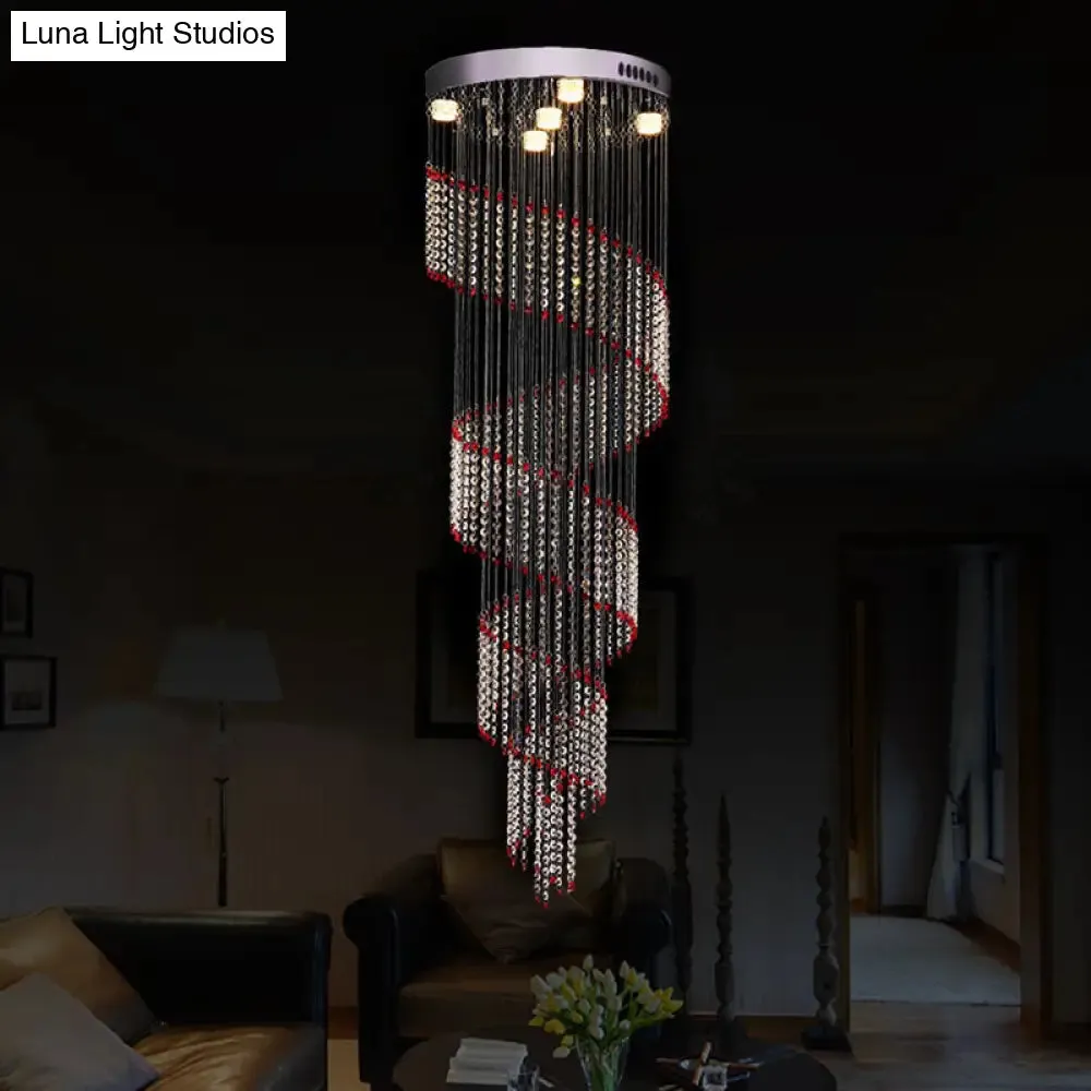 Spiral Cascade Hanging Lamp - Modern Silver with Clear and Red Crystal LED Pendant, Set of 5 Bulbs