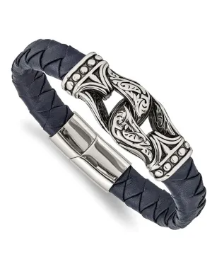 Stainless Steel Antiqued and Polished Blue Leather Bracelet