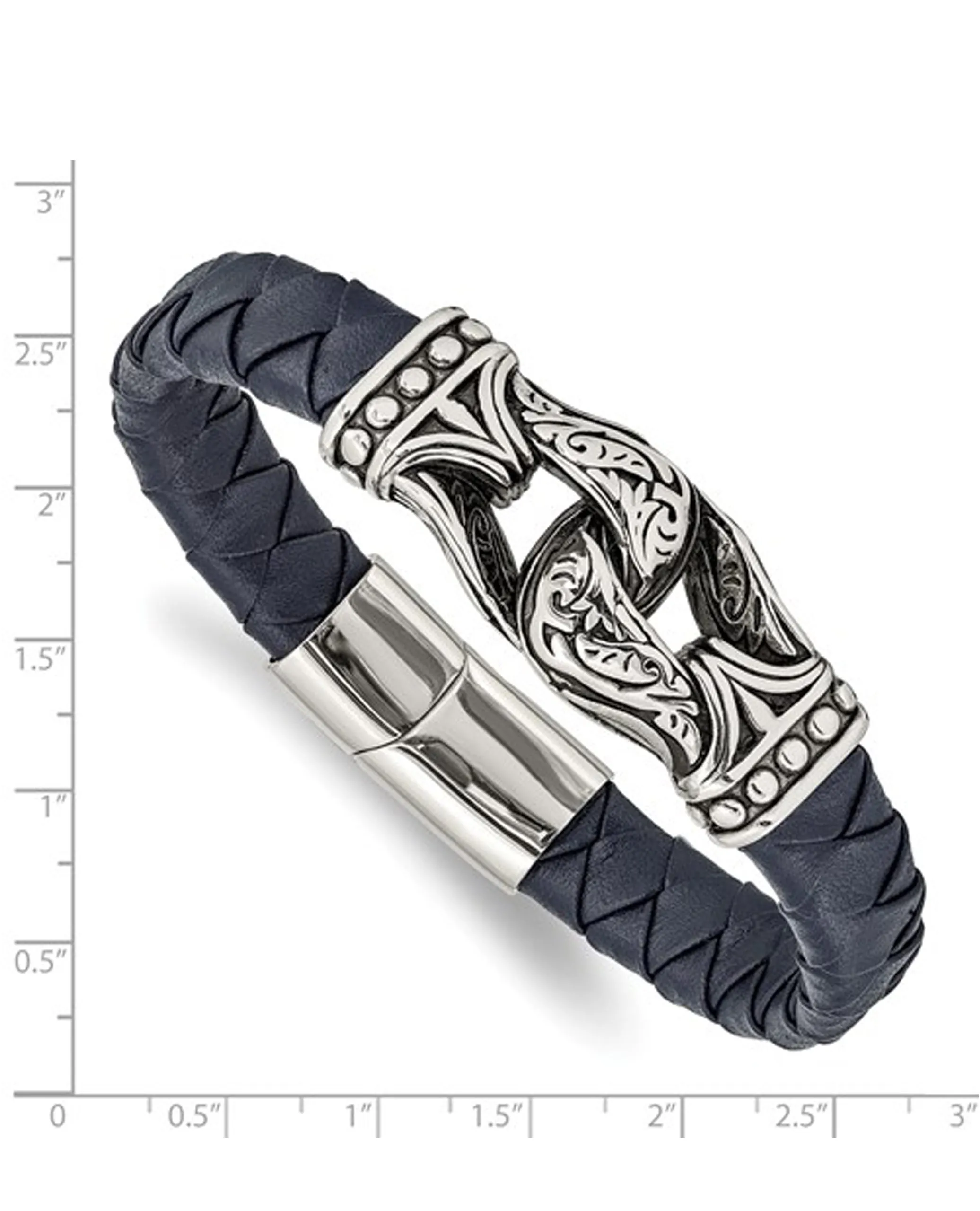 Stainless Steel Antiqued and Polished Blue Leather Bracelet