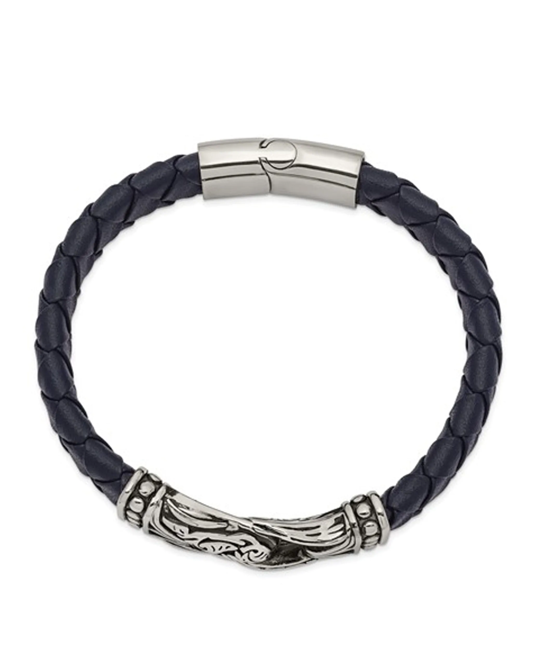 Stainless Steel Antiqued and Polished Blue Leather Bracelet