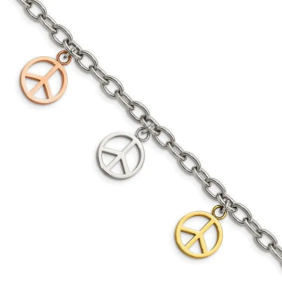 Stainless Steel Multicolor Plated Peace Sign Charm Bracelet