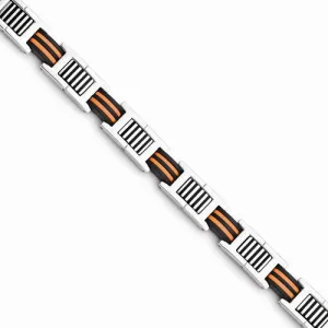 Stainless Steel Orange and Black Rubber Polished Bracelet