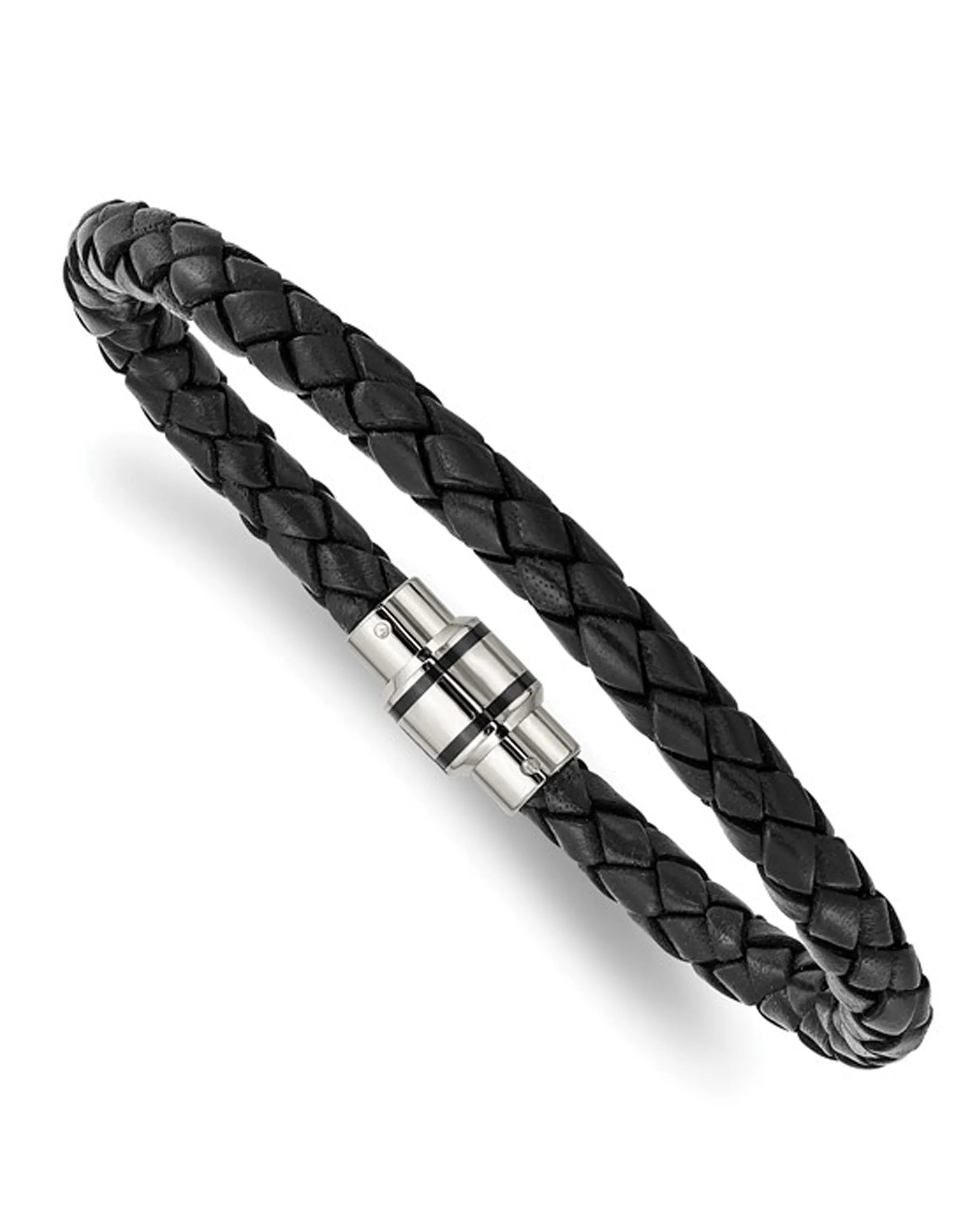 Stainless Steel Polished Black Woven Leather Bracelet