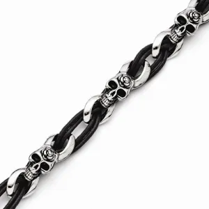 Stainless Steel Polished Skulls Roses Leather Bracelet