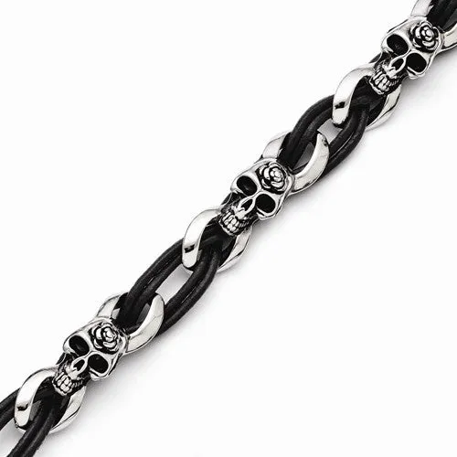 Stainless Steel Polished Skulls Roses Leather Bracelet