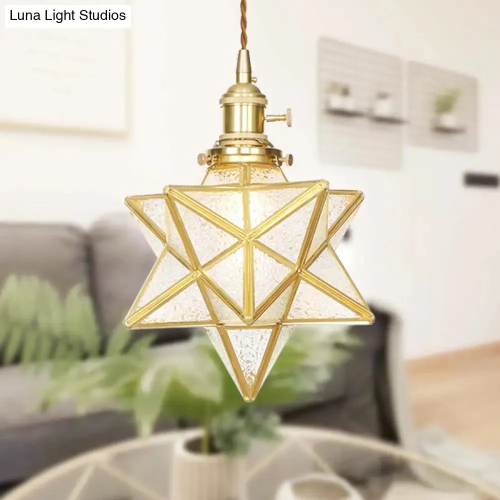 Star Shaped Pendant Light: Postmodern Clear/Frosted Glass with Brass Brass Hanging Kit & Adjustable Rope