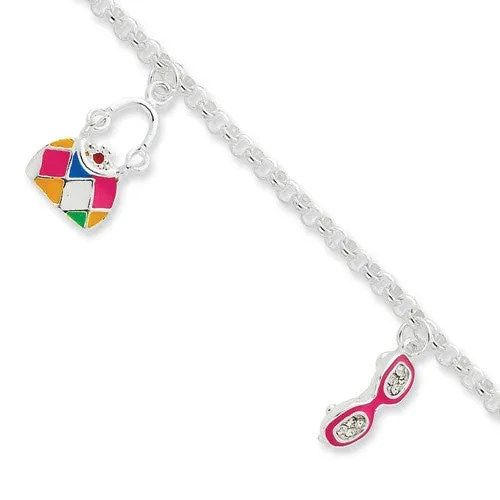 Sterling Silver Cz Enameled Charm Bracelet