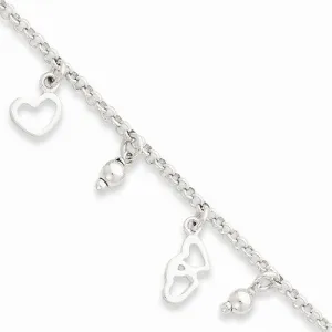 Sterling Silver Polished Heart & Bead Fancy Dangle Bracelet