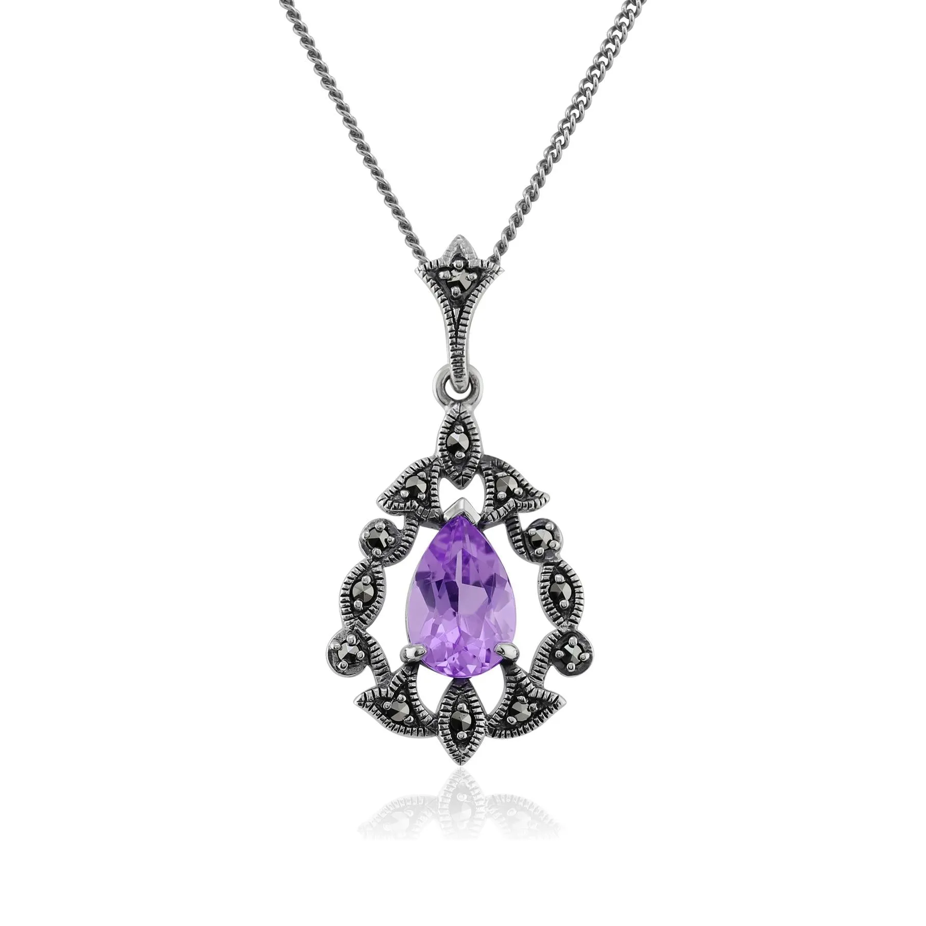 Sterlingsilber 0.80ct Amethyst & 7.2pt Markasit Jugendstil Anhänger auf 45cm Kette