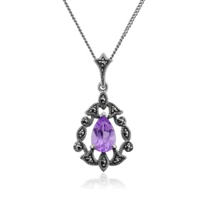 Sterlingsilber 0.80ct Amethyst & 7.2pt Markasit Jugendstil Anhänger auf 45cm Kette