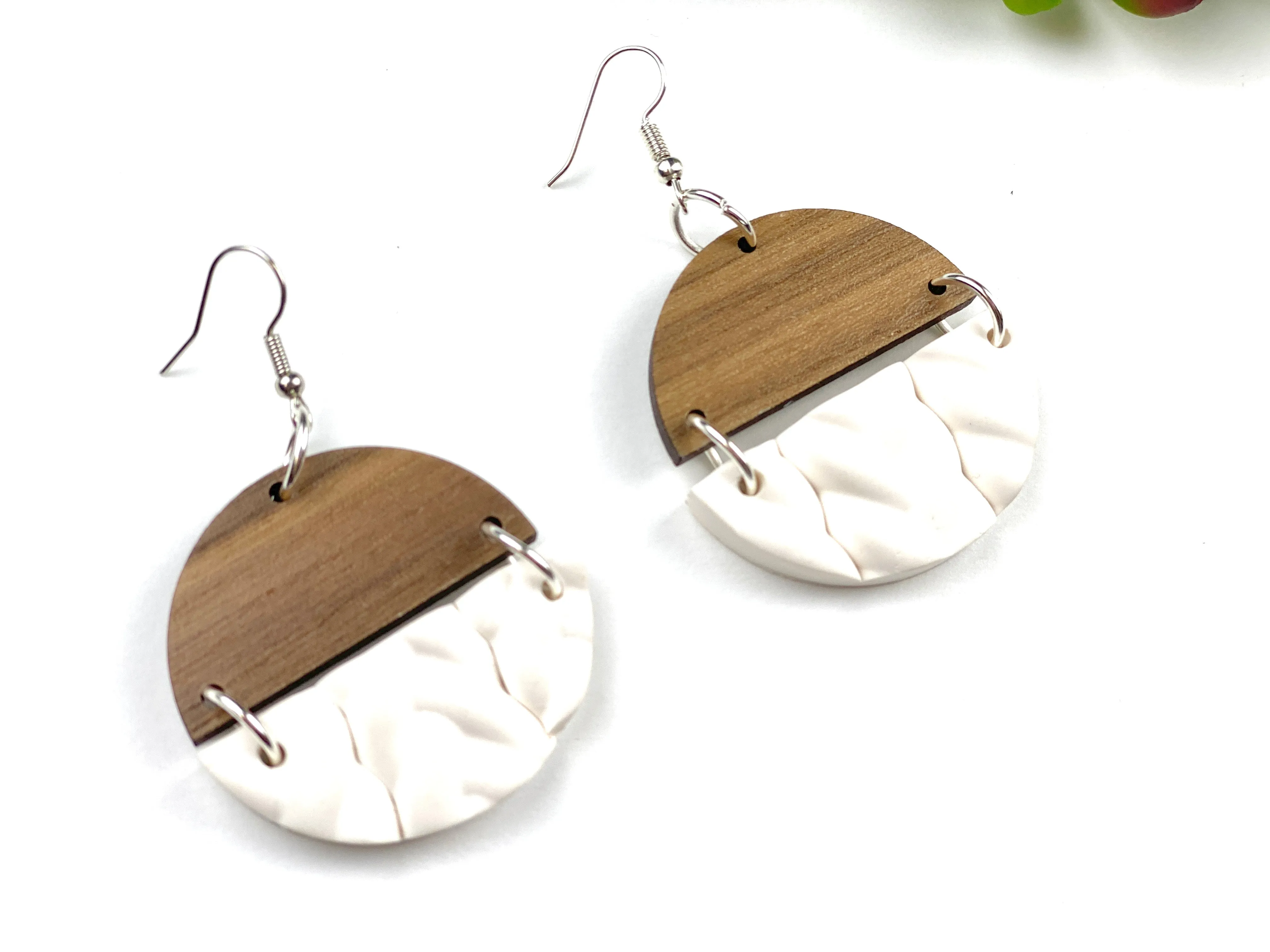 Sweater Pattern White Clay and Wood Circle Earrings