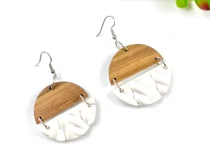 Sweater Pattern White Clay and Wood Circle Earrings