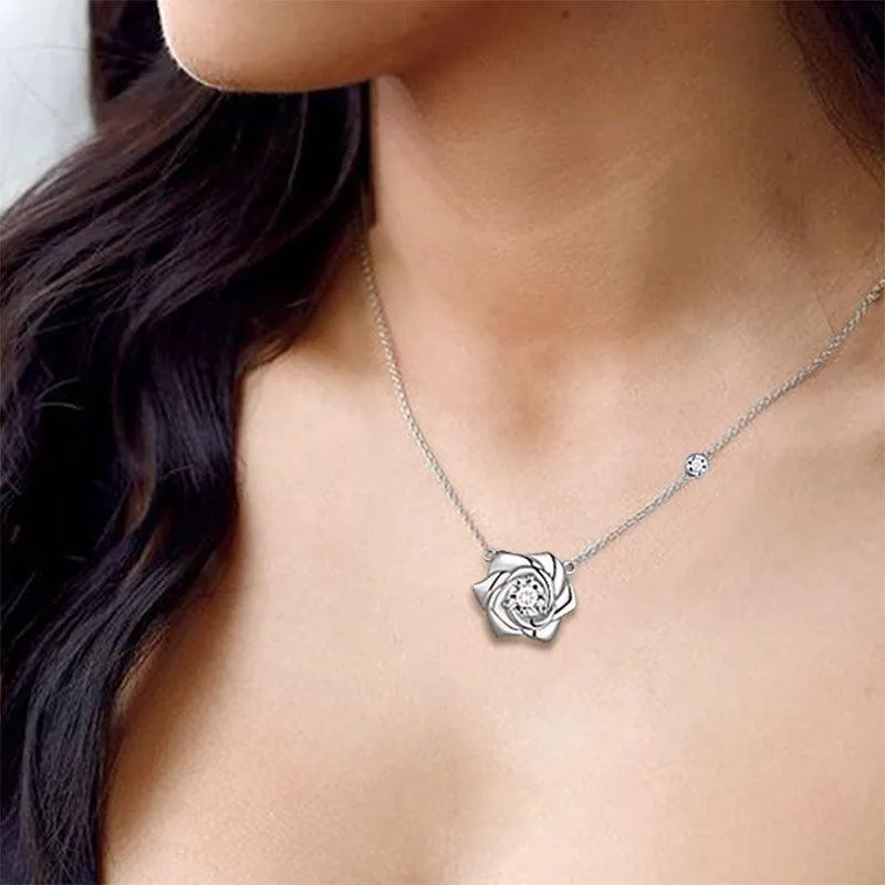 Tokyo Mart 3D Flower Rose Necklace Pendant Women Girls Birthday Gifts 925 Sterling Silver